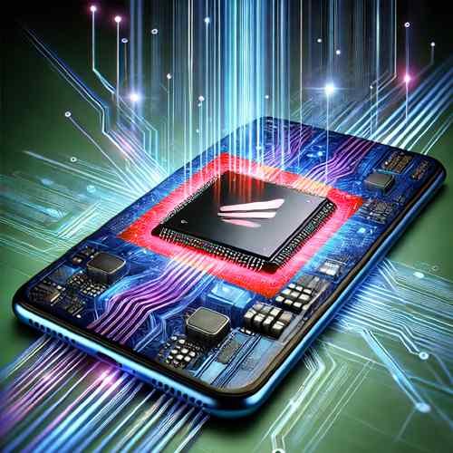 A modern smartphone surrounded by holographic visuals and circuitry, with a highlighted Snapdragon 8 Elite chip showcasing speed and next-gen performance