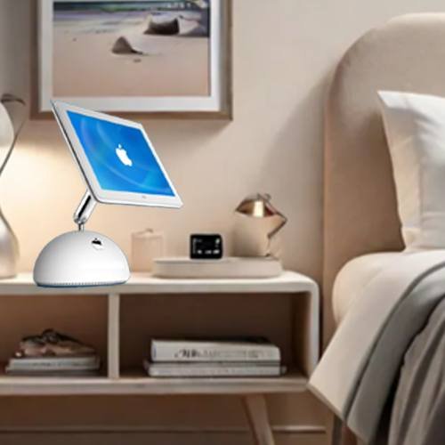 A stylish entryway with a wall-mounted smart home display inspired by the iMac G4, showing weather updates and all reminders, surrounded by chic storage and modern art