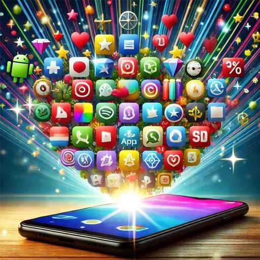 Android smartphone displaying unique app icons with a spotlight effect, surrounded by sparkling deal symbols and hidden gems