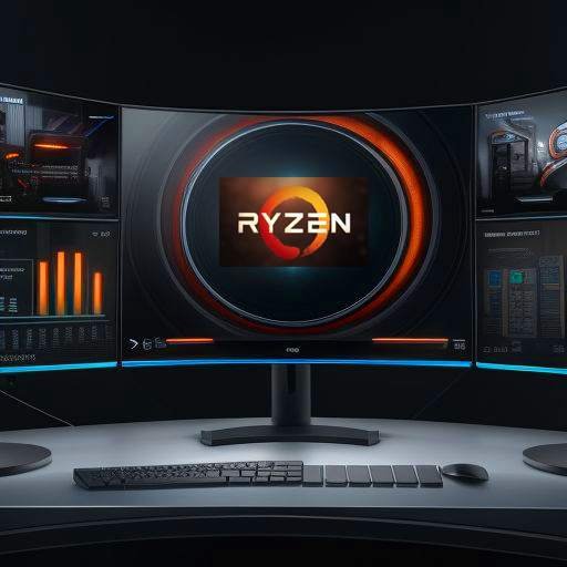 Futuristic dual-monitor setup comparing AMD Ryzen and Intel CPU performance