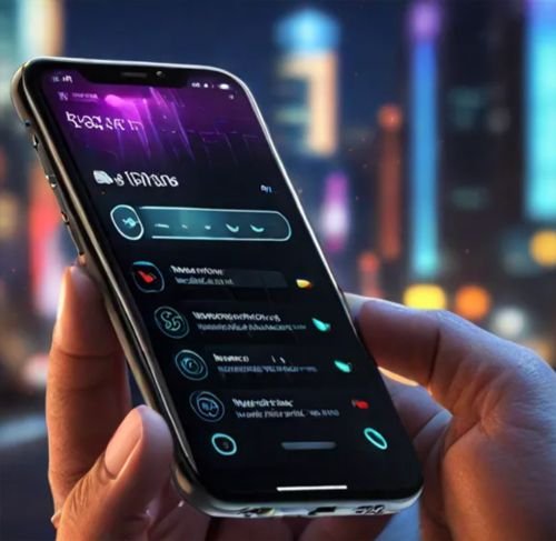 Futuristic smartphone showcasing glowing notifications for a timer, music track, and ride-sharing update in a dark mode interface