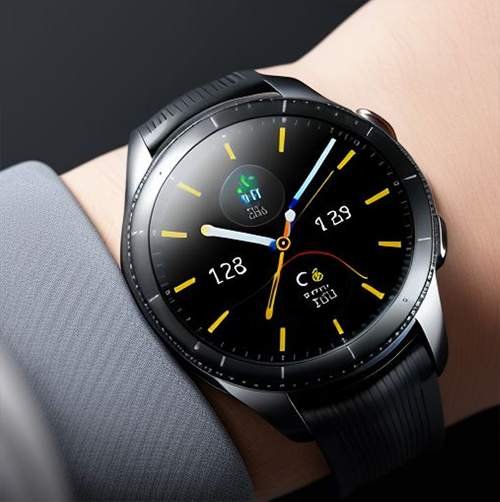 Galaxy Watch displaying Wear OS 5 features, including advanced fitness tracking and customizable app launcher on a sleek black surface