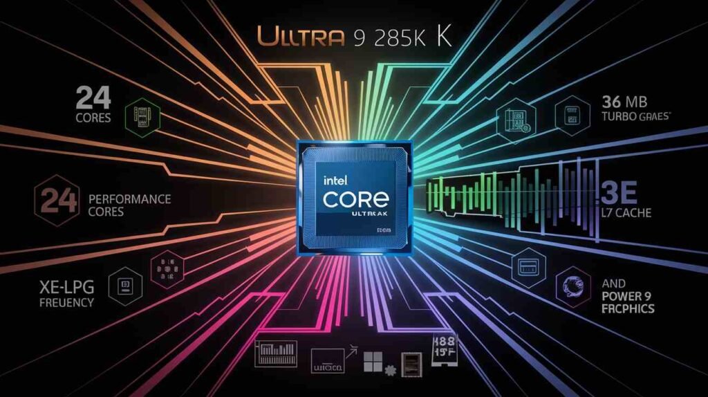 Infographic of the Intel Core Ultra 9 285K, highlighting its 24 cores, 5.7 GHz max turbo frequency, and performance comparison with competitors, featuring a modern design appealing to tech enthusiasts