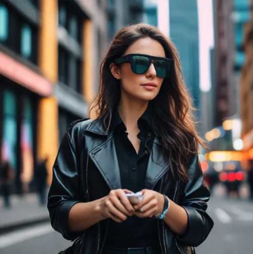 People in an urban landscape actively using AR glasses, with 3D holograms and digital interfaces enhancing their everyday experiences