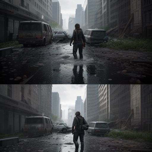 Split-screen comparison of The Last of Us Part I before and after PS5 Pro enhancements, highlighting improved graphics and performance