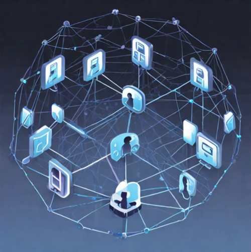 Visual illustration of a trustless internet concept, showcasing interconnected nodes, secure digital transactions, and users engaging in safe data sharing