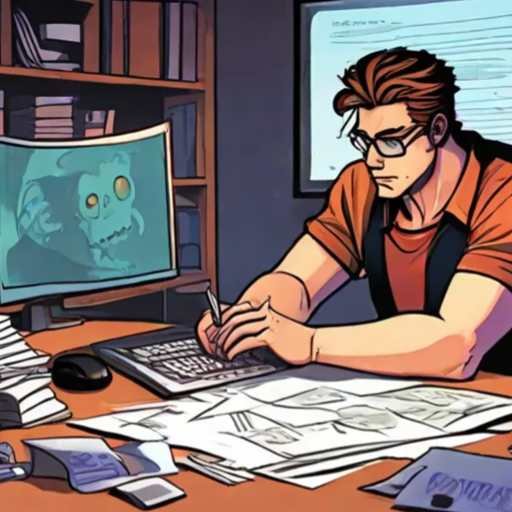 Indie game developer working late, overwhelmed by legal documents and the threat of a Nintendo lawsuit